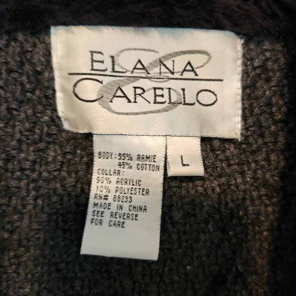 Elana Carello charcoal knit jacket with embroidered black flowers. Faux fur trim - Picture 4 of 4
